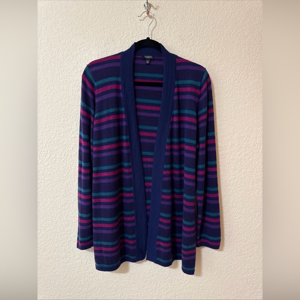 Talbots Women’s Open Front Cardigan Sweater Sz 2Xp Purple Striped Wool‎ Blend